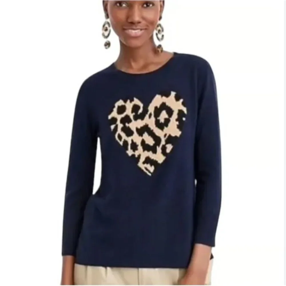 J. Crew 100% Cashmere Animal Print Heart Sweater